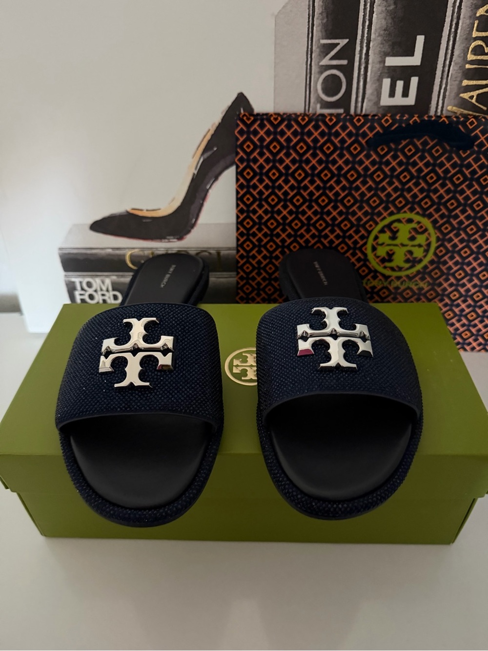 Tory Burch Navy Slides with Silver Double-T Logo
